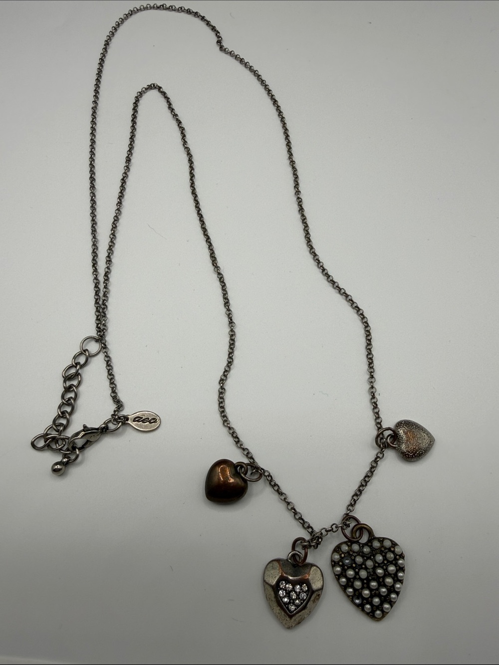 American Eagle AEO Mixed Metal Heart Charm Necklace Rhinestone Pearl